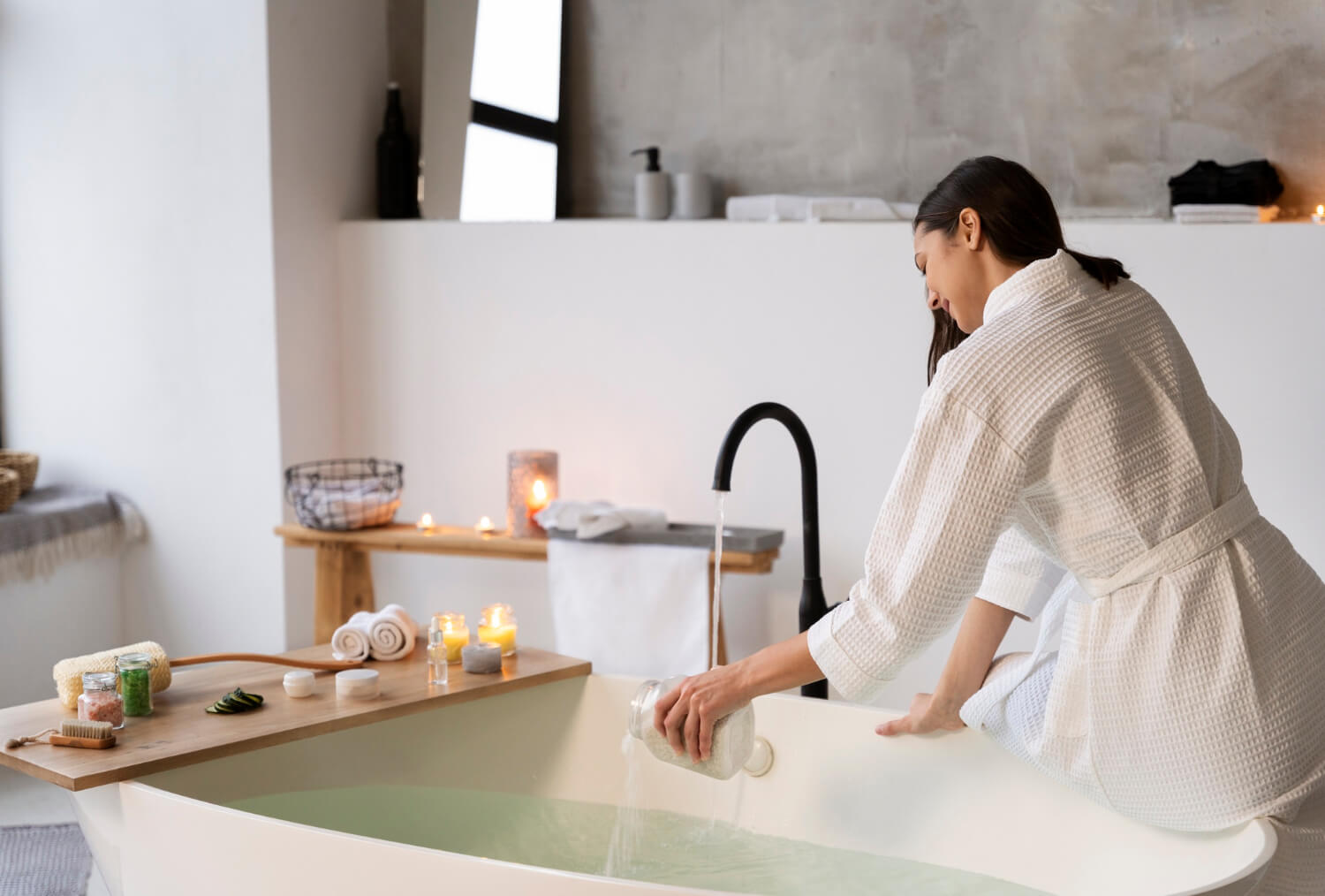 Young woman putting bath salt in the water before taking a bath